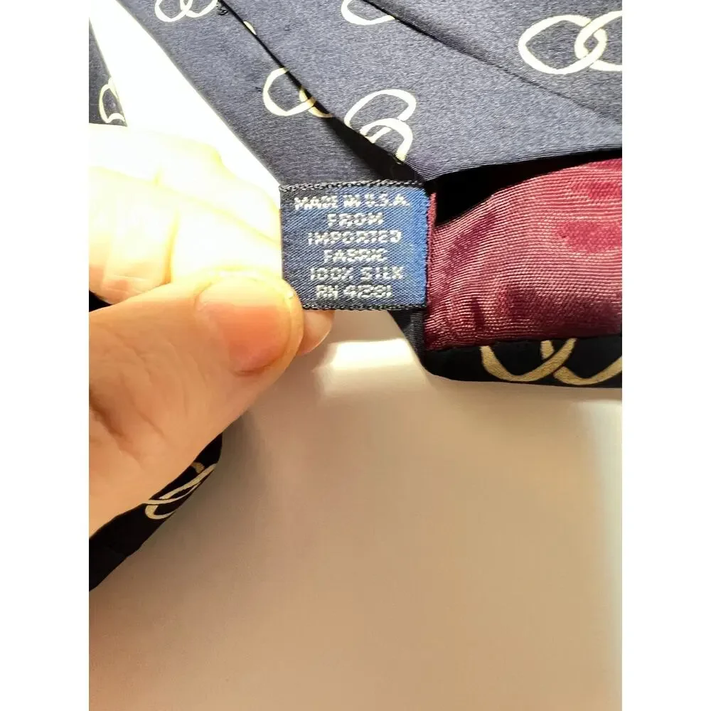 Polo Ralph Lauren EUC Navy Interlocking Ring 100% Silk Tie Necktie 57